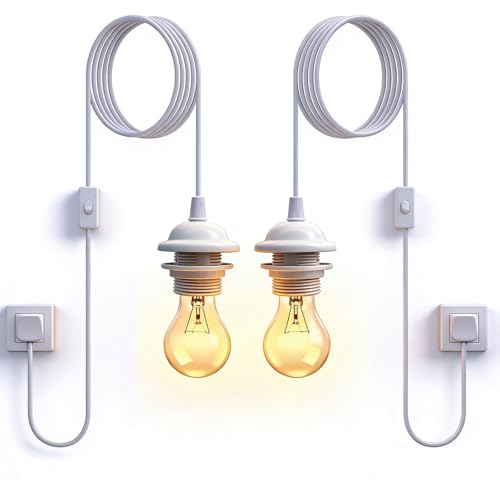 White Plug in Pendant Light,2 Pack E26/ E27 Lamp Holder with Switch,Suspended Pendant Light Fitting Kit with 15FT Power Cord,Plug in Ceiling Light with Socket Lock Ring for Lampshade DIY, No Bulbs