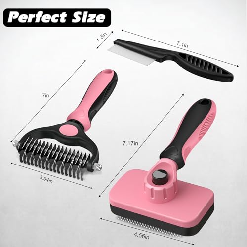 Image of Professional 3PCS Self Cleaning Slicker Brush & Pet Grooming Rake & Flea Comb for Dogs,Cats and Horses | Double-Sided Dematting Comb & Skin Friendly Deshedding Grooming Tool (Light Pink)