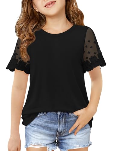 Image of Haloumoning Girls Lace Short Sleeve T Shirts Kids Summer Crewneck Tunic Tops Curved Hem 5-14 Years