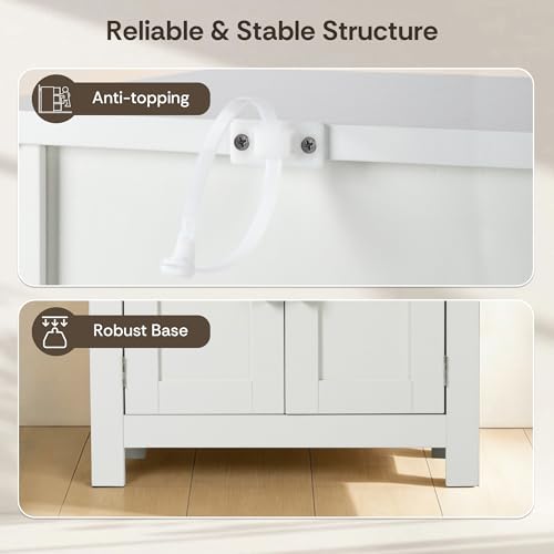 Image of VUSIGN Bathroom Floor Cabinet, Farmhouse Storage Cabinet with 4 Doors, Adjustable Shelves, Modern Freestanding Storage Unit, Versatile Cupboard for Kitchen Living Room, Dining Room, Entryway, White