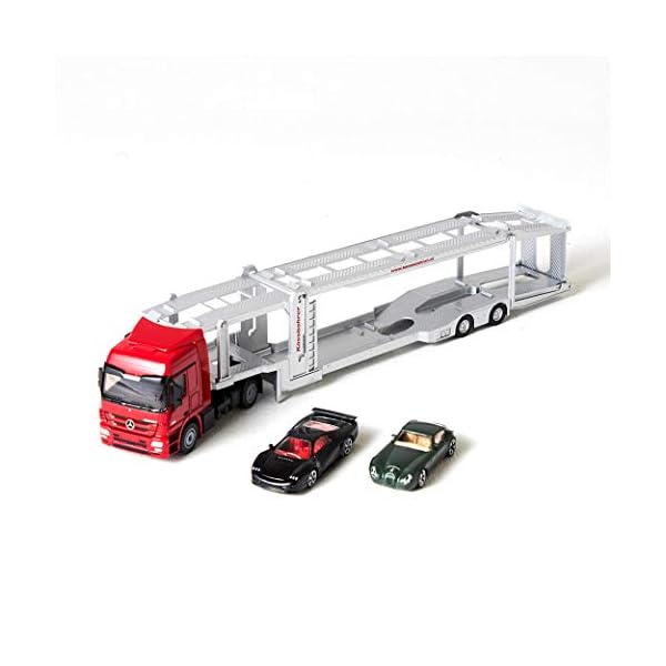siku 3934, Autotransporter, Inkl. 2 Spielzeug-Autos, 1:50, Metall/Kunststoff, Rot/Silber, Abkoppelbarer Auflieger – Bild 3