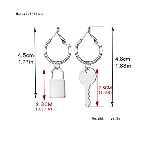 Lock and Key Earrings for Women.Asymmetric Lock Key Earring, Padlock Dangle Hoop Earrings Key Punk Edgy Aesthetic Earrings3