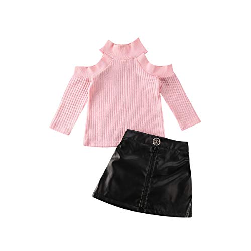 LXXIASHI Toddler Baby Girl Long Sleeves Hairball Knit Sweater Top + Metal Button Front Decorated A-Line Skirt Outfits Set (Pink Off Shoulder Sweater + Leather Skirt, 18-24 Months)