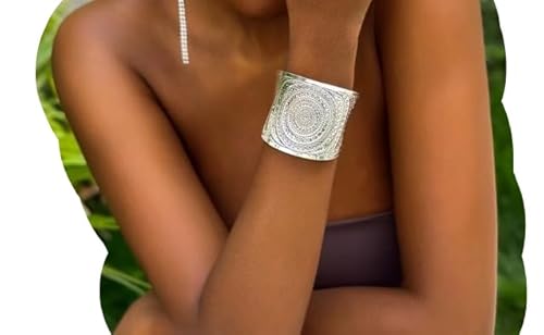 ⊹⊱✿ SEHR BREITER BOHO ETHNO TRIBAL ARMREIF MIT SCHÖNEN MANDALA VERZIERUNGEN UND RUNDEN ENDEN ✿⊰⊹ in silberfarben, einstellbar, offen