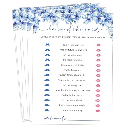 Image of He Said She Said Bridal Shower Games, 25 Blue Floral Bridal Shower Game Cards Set, Engagement Party Game for Guests, Wedding Games for Reception, Minimalist Marriage Party Supplies-12