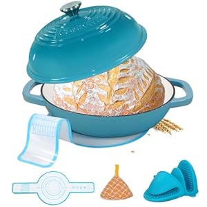Enameled Cast Iron Bread Pan with Lid,11”Bread Pans for Homemade Bread,6 Quart Bread Oven,Dutch Oven for Sourdough Bread Baking-with Silicone Baking Mat,Teal Thick Enamel Bread Pan-Gifts for Family