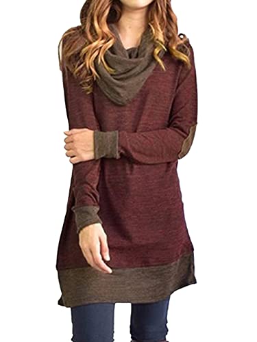 Image of Famulily Women's Cowl Neck Tops Two Tone Color Block Pullovers Elbow Patchs Loose Long Tunic Blouse