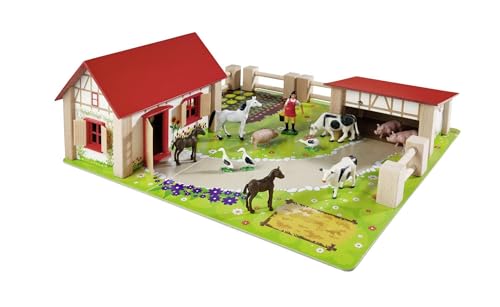 Eichhorn 100004304 - Kleiner Bauernhof, bestehend aus 2 Gebäuden, Spielplatte, Figuren, Tiere, Zäunen, 20-TLG., 36 x 39 cm, Buchenholz, ab 3 Jahren
