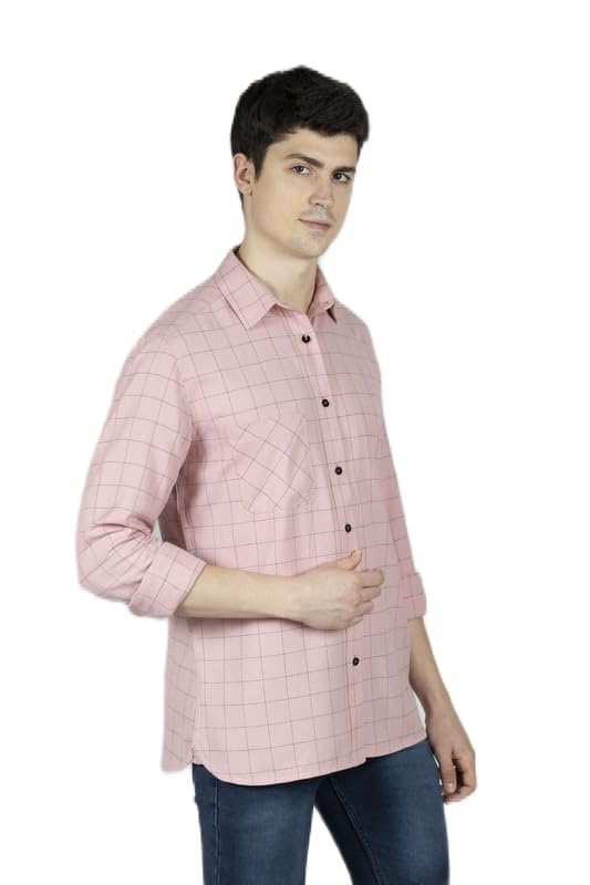 OZMODMen's Casual Checked Slim Fit Cotton Full Sleeves Shirt (Pink)