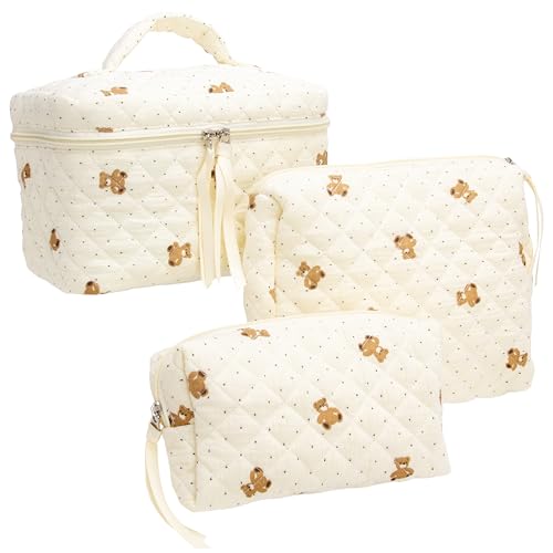 Image of PAZIMIIK 3PCS Makeup Bag SET Large Travel Quilted Zipper Soft Cosmetic Case Pouch for Women Girls Make Up,Gauze Bear