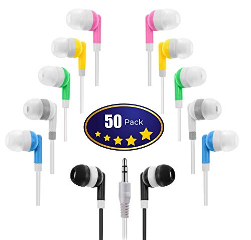 Wholesale Kids Bulk Earbuds Headphones (50-Pack) Earphones, Multi Color,for Schools, Libraries, Hospitals