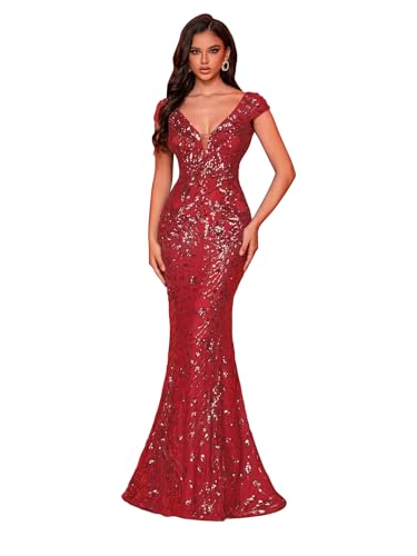 Womens Sequined Long Evening Gown Glamous Sleeveless V-Neck Mermaid Prom Dress for Wedding Party...