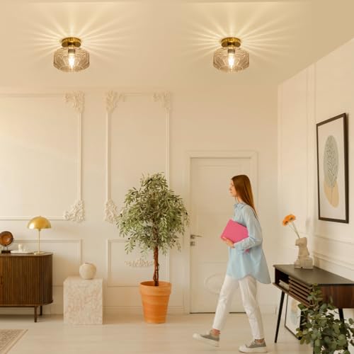 Tbaoinla 08 Semi Flush Mount Ceiling Light Fixture With Textured Glass Brass Metal Base Includes 1200 Lumens Led Bulbs Gold Hallway Light Fixtures Modern Ceiling Light Suitable thumb #6