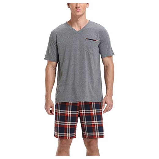 Vlazom Pijama Hombre Verano de Algodón, Pijama Hombre Corto de Camiseta y Pantalones, Ropa de Dormir de 2 Piezas con Bolsillos,L,A-Gris