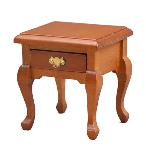 EatingBiting Brown 1:12 MINI Miniature Furniture Wooden Bedside Table Drawer Nightstand Cabinet Model for Fairy Garden Ornament Decor