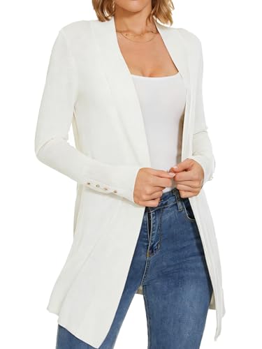 Image of Women Long Knit Cardigan Lightweight Open Front Sweaters | Capsule Wardrobe for Women, Relaxed fit, Buttoned Ribbed cuffs, Dressy Business Casual , for spring early fall office work