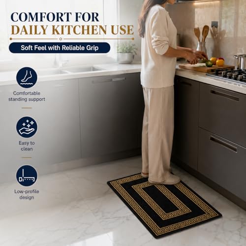 Image of Matz&More Greek Double Line Floor Mat | 40x60 CM | Black Gold | Nylon Tufted Gel Baking Anti-Slip | Doormat for Home Entrance, Kitchen & Bedroom