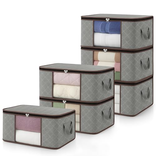 unycos   Cajas para Almacenaje de Ropa x 6【35L】 Bolsas Plegables con Ventana Transparente, Doble Cremallera y Asas Reforzadas, Organizador de Toallas, Edredones, Juguetes | Hasta 10 kg (Grey/Coffee)