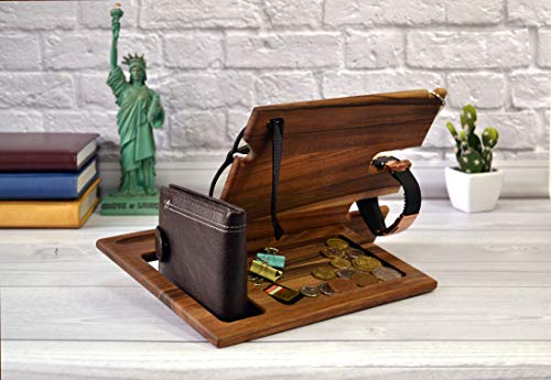 TESLYAR Natural Walnut Wood Phone Docking Station Ash Key Holder Wallet Stand Watch Organizer Men Gift Husband Wife Anniversary Dad Birthday Nightstand Purse Father Graduation Male Travel Idea