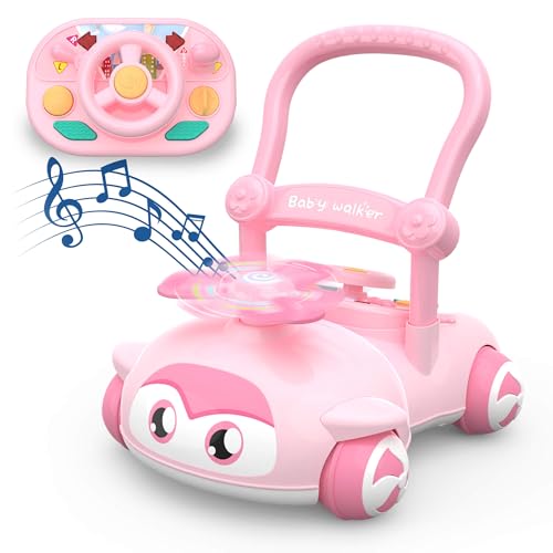 Montessori Baby Push Walker Toy - Sit-to-Stand Learning Walker with Steering Wheel, Lights & Sounds Activity Centre for Toddlers, Early Educational Birthday Gift for Boys & Girls (Pink)