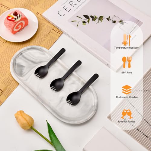 Image of 100Pcs Mini Plastic Spork, 4.2 Inch Individually Wrapped Disposable Cutlery, Small Black Fork Spoon Combo for Desserts, Ice Cream, Cakes, Appetizer, To-Go & Party Use