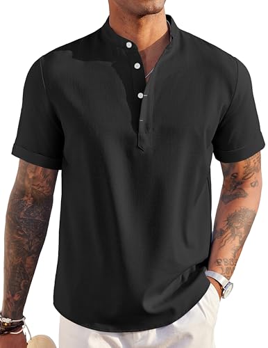 COOFANDY Men's Henley Shirt Short Sleeve Cuban Guayabera Shirt Hippie Casual Beach Band Collar T Shirts Black