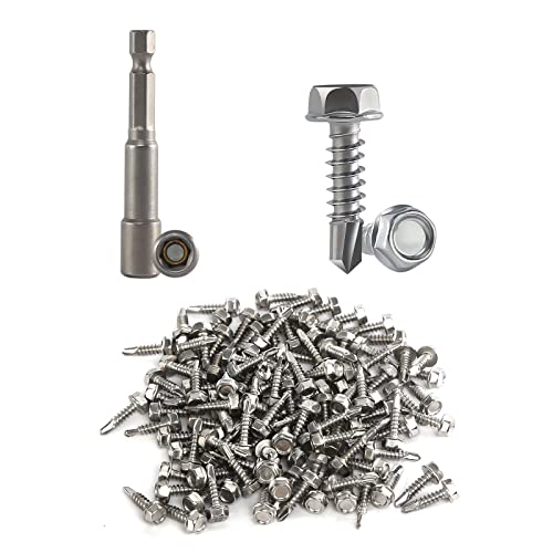 FASBET 125 Stück Sechskant Bohrschrauben Selbstbohrende Schrauben Edelstahl Selbstschneidende Blechschrauben Sechskant Bit Steckschlusselsatz Metall Bohrschrauben M4.2*16mm Schrauben Hülse 7mm Cover