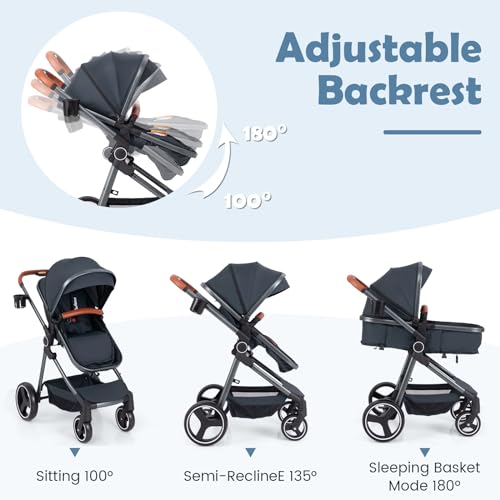 Image of INFANS 2 in 1 Baby Stroller, Newborn Convertible Stroller Bassinet for Infant, Foldable High Landscape Shock Absorption with Reversible Seat, Aluminum Structure for Toddler Pushchair 0-36 Month
