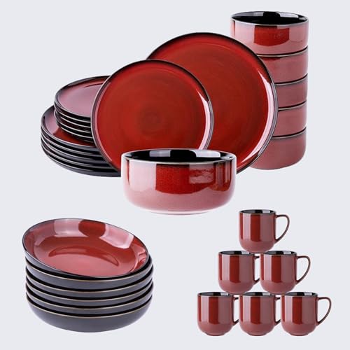 Image of Ceramic Dinnerware Sets of 6,Poreclain Plates and Bowls Sets,Handmade Reactive Glaze Dishes Set,Chip Resistant and Scratch Resistant | Oven&Dishwasher & Microwave Safe-Red(30PCS)