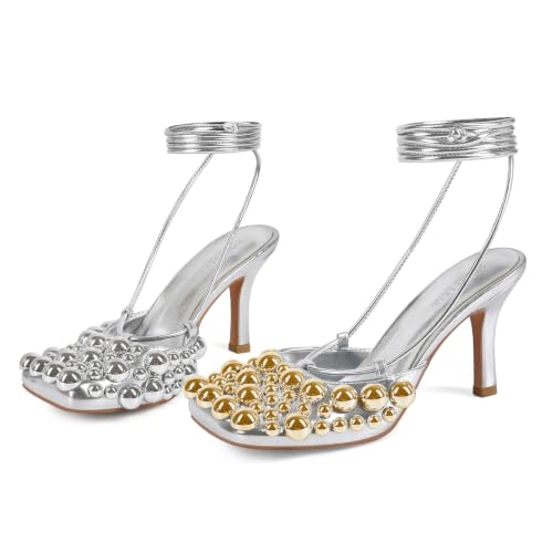 Image of Saint Leia Women's 4IN High Heel Sandals Nude Stiletto Pumps with Gold Silver Pearls Heels for Weddings Parties and Evening Wear