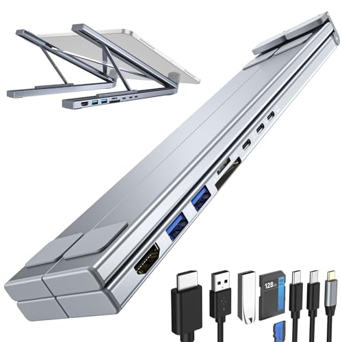 CHENRI Civilized 8-in-1 USB-C Laptop Stand, USB C Laptop Docking Station Stand, Aluminum 8 in 1 Hub with Adjustable Laptops Holder, Foldable Tablet Holder, Plug and Play for Home Office