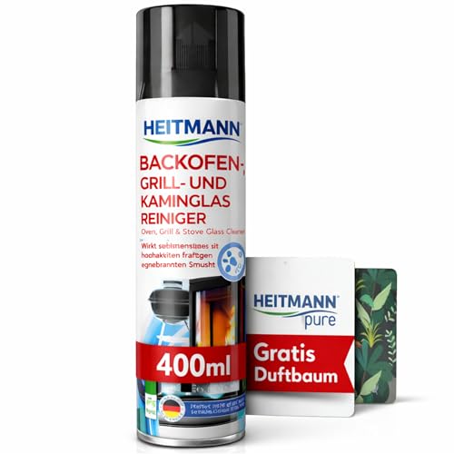 HEITMANN Backofen-, Grill- und Kaminglas Reiniger | Kraftvolle Reinigung für hartnäckige Verschmutzungen | Effektiv gegen Fett, Eingebranntes & Ruß | 400 ml + GRATIS Duftbaum