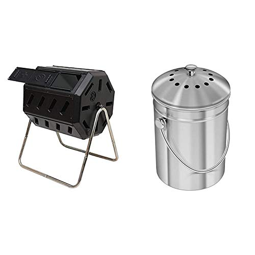 FCMP Outdoor IM4000 Tumbling Composter, 37 Gallon, Black & Utopia Kitchen Stainless Steel Compost Bin for Kitchen Countertop - 1.3 Gallon Compost Bucket Kitchen Pail Compost with Lid