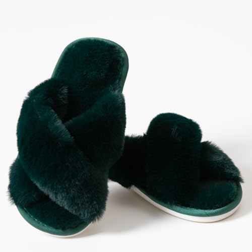 Image of Women's Cross Band Fuzzy Slippers Fluffy Open Toe House Slippers
