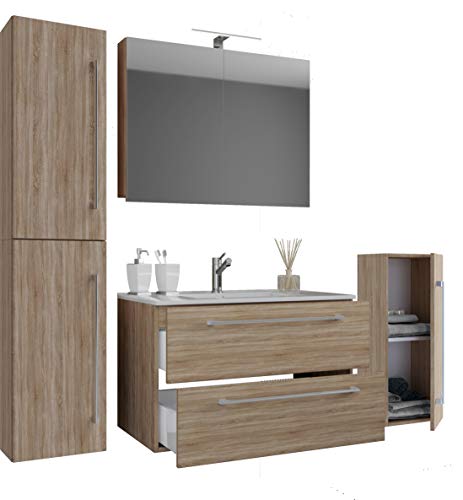 VCM Mueble Lavabo 5 Piezas Conjunto Mueble baño Lavabo Badinos Cajón SC 80, Roble Sonoma (aserrado en Bruto)