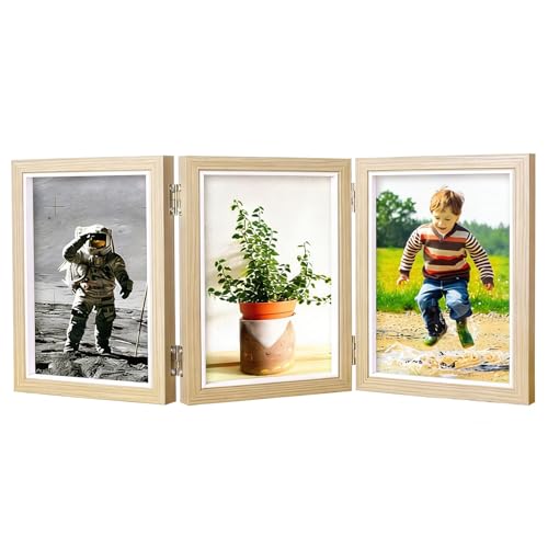 CHUANFU Triple Marcos de Fotos 10 x 15 cm, Plegable Marco de Fotos Multiples de Madera, Marco Decoración Hogareña Escritorio Decorar, Portafotos Multiple para Bodas Familia Bebé, Color Madera