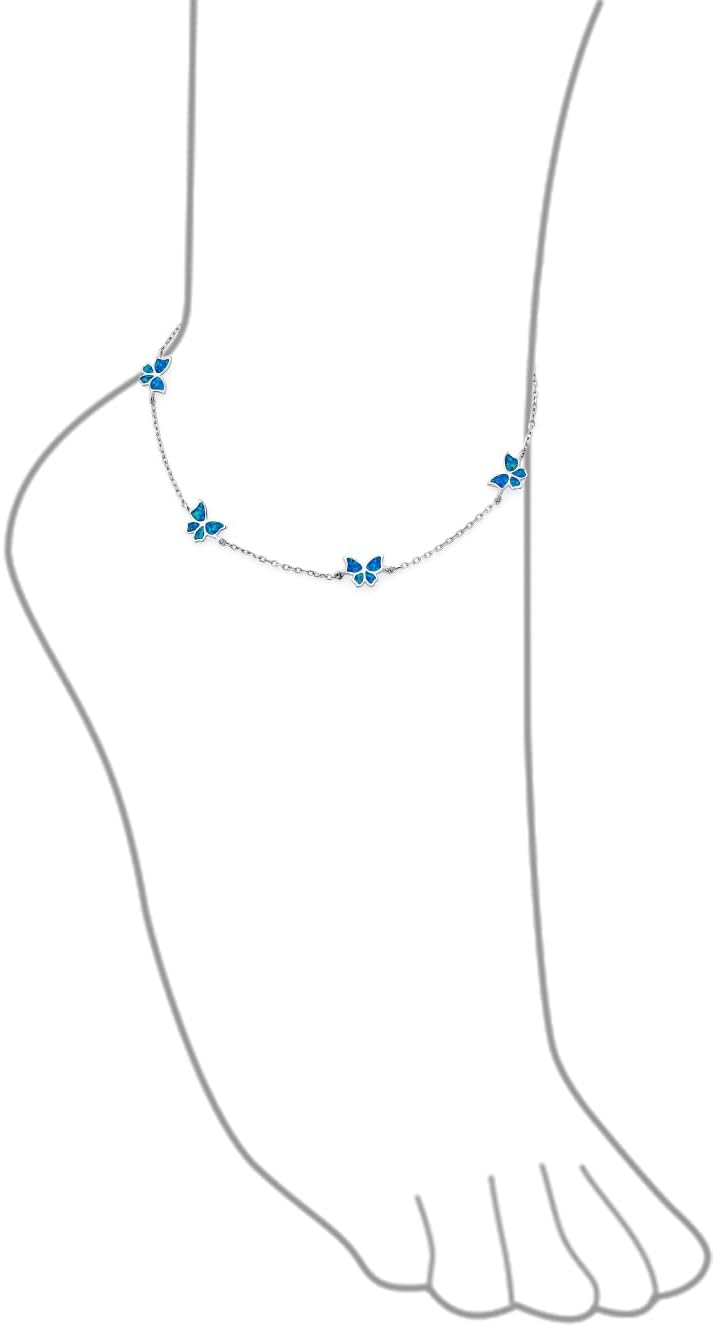 Bling Jewelry Garden Created Blue Opal Butterfly Charm Anklet Strand Ankle Bracelet .925 Sterling Silver Adjustable