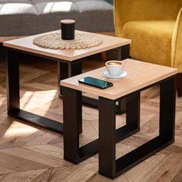 LEHMANN Tavolino Salotto Legno, set di 2 Tavolini da soggiorno in 2 Misure, Tavolini da caffè con Struttura Nera e Piano in Legno, Mobile Soggiorno in stile moderno, Facile da Montare