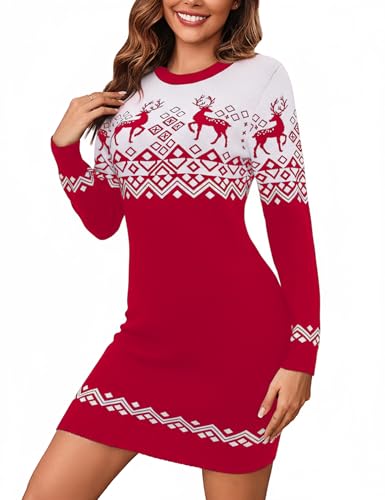 Bresdk Hässliche Weihnachtspullover Kleid Damen Strick Pulloverkleid Winter Ugly Christmas Sweater Dress Strickkleid Weihnachten Langarm Elegant,...