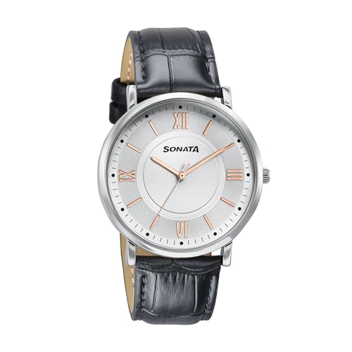 Image of Sonata Verve Quartz Analog with Silver Dial Black Geniune Leather Strap Watch for Men - 77189SL01