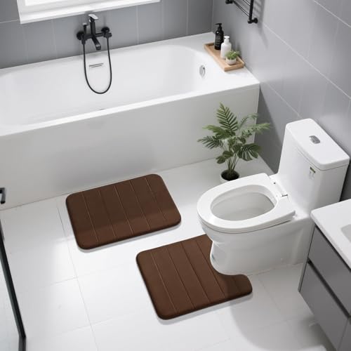 Image of Yimobra U-Shaped Toilet Bath Mat Set 2 Piece - Super Soft Absorbent Quick Dry Memory Foam Bathroom Rugs, Machine Washable Non Slip Floor Carpet for Tub Shower & Single Sink (17x24 & 24x20, Brown)
