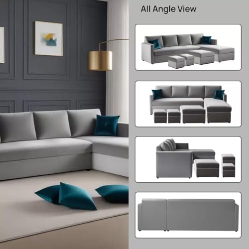 Image of FURNY Arno 8 Seater Fabric RHS L Shape Sofa Set with 1 Centre Table & 2 Ottomans (Light Grey)