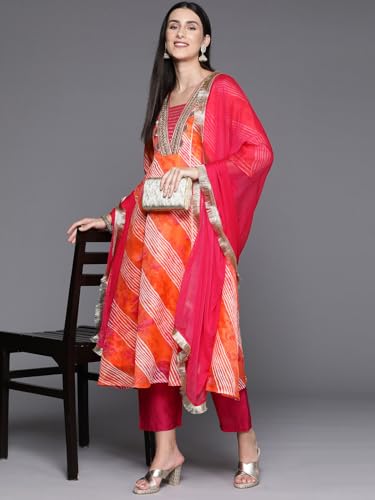 Image of Varanga Women Anarkali Kurta Pant Set with Dupatta | Cotton Blend | V-Neck | 3 /4 Sleeve | Calf Length |Casual Wear