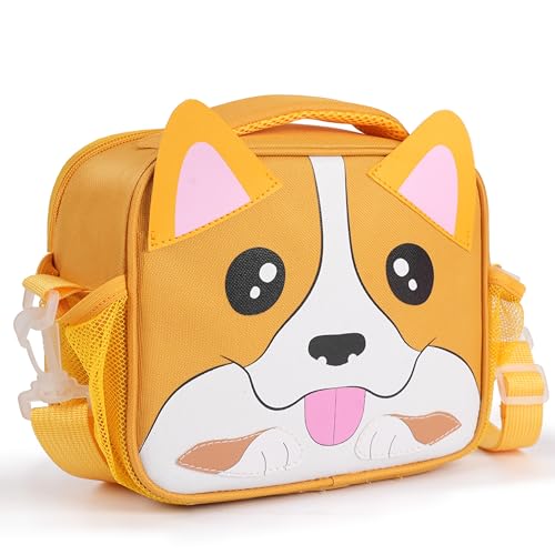 Insulated Lunch Box Bag for Kids with Shoulder Strap, Reusable Durable Lightweight Lunch Bag for Girls Boys, Keep Food Cold/Warm, Corgi Dog