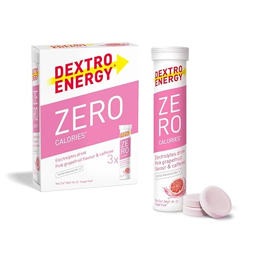 Dextro Energy Zero Calories Pink Grapefruit I Electrolytes Sports Drink I Effervescent Tablets | Rapid Recovery and Hydration Electrolyte Drink I with caffeine I 3 Tubes, 60 Tablets