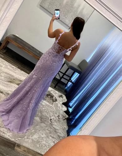 Mermaid Prom Dress for Women Long Tulle V Neck Lace Appliques Spaghetti Straps Formal Evening Party Gowns with Slit2