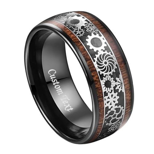 Image of 10mm Silver /Black Tungsten Rings for Men Steampunk Gear Inlay Size 7-14 | Koa Wood, Black Carbon Fiber, Dome Band Ring, for Wedding, Anniversary, Everyday Wear, Comfort Fit