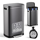 ELPHECO Kitchen Trash Can with Lid Soft Close, 13 Gallon / 50L Stainless Steel Pedal Garbage Can, Heavy-Duty Step Wastebasket with 20 Bags, Removable Bucket, Home Office, Titanium Silver