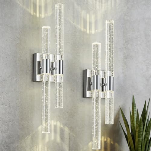 Image of Crystal Wall Sconces Set of Two Chrome Wall Sconce Hardwired LED Bathroom Vanity Light Fixtures 21.25in 4000K Vertical and Horizontal Wall Mounted Sconces for Bedroom, Living Room, Hallway