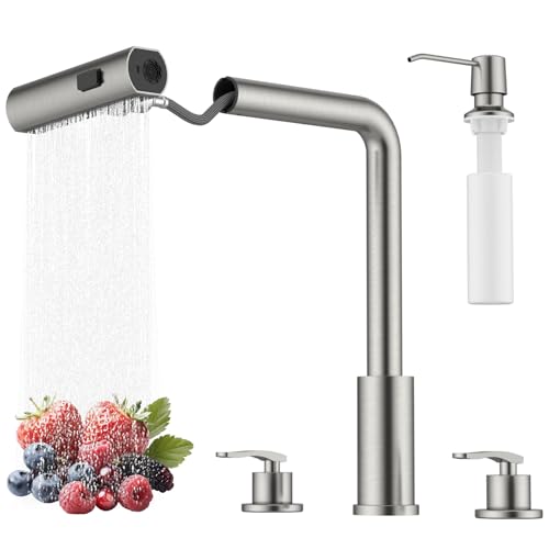 Image of Waterfall 4 Hole Kitchen Faucet with Soap Dispenser, Two-Handle 3 Modes Multifunctional Waterfall Faucet with Sprayer Stainless Steel Pull Down Kitchen Sink Faucets (Brushed Nickel)